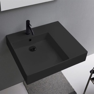 Bathroom Sink Black Ceramic Wall Mounted or Vessel Sink With Counter Space Scarabeo 5147-49
